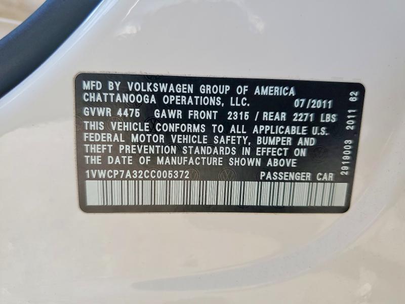 Продажа на аукционе авто 2012 Volkswagen Passat, vin: 1VWCP7A32CC005372, номер лота: 66622506