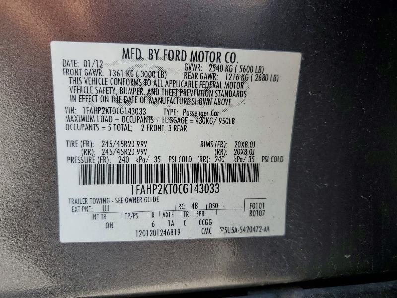 64514606 :رقم المزاد ، 1FAHP2KT0CG143033 vin ، 2012 Ford Taurus مزاد بيع