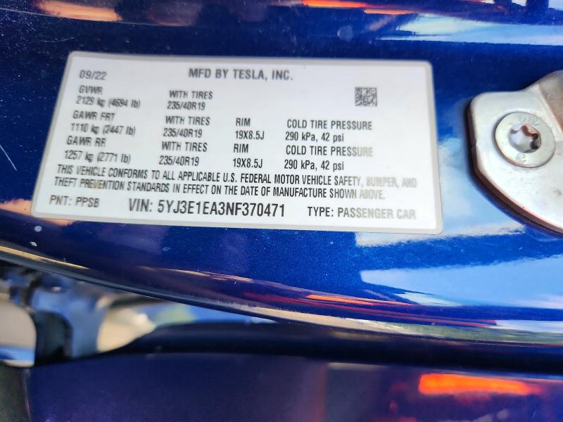 2022 Tesla Model 3 მანქანა იყიდება აუქციონზე, vin: 5YJ3E1EA3NF370471, აუქციონის ნომერი: 65989996