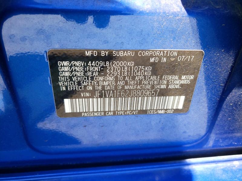 Продаж на аукціоні авто 2018 Subaru Wrx, vin: JF1VA1F62J8809657, номер лоту: 62634336
