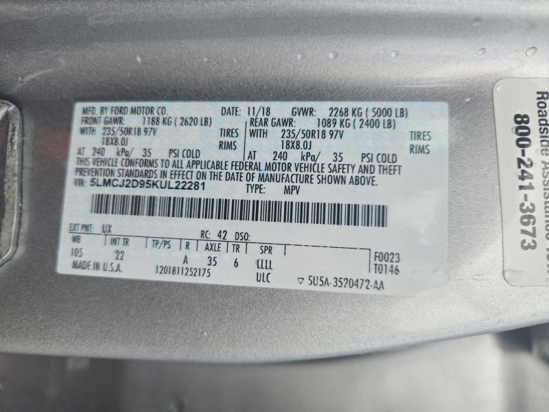 Продаж на аукціоні авто 2019 Lincoln Mkc, vin: 5LMCJ2D95KUL22281, номер лоту: 63677866