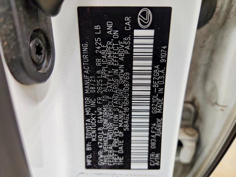 Aukcja sprzedaży 2021 Lexus Es 350, vin: 58AGZ1B16MU108769, numer aukcji: 66016466