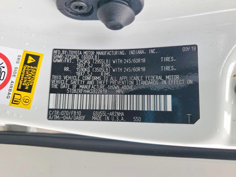 64834186 :رقم المزاد ، 5TDBZRFH4KS922819 vin ، 2019 Toyota Highlander مزاد بيع