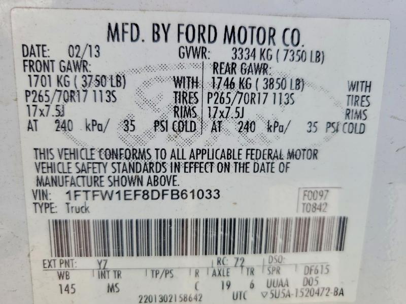 63608466 :رقم المزاد ، 1FTFW1EF8DFB61033 vin ، 2013 Ford F150 مزاد بيع