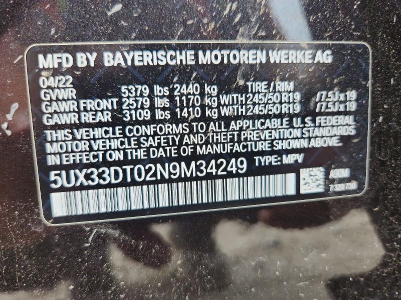 63109166 :رقم المزاد ، 5UX33DT02N9M34249 vin ، 2022 Bmw X4 مزاد بيع