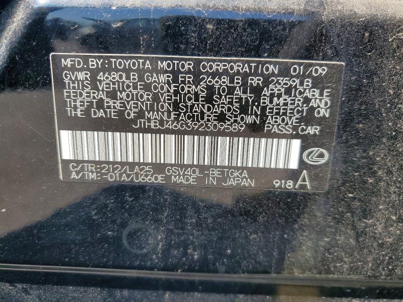 Aukcja sprzedaży 2009 Lexus Es, vin: JTHBJ46G392309589, numer aukcji: 64093126