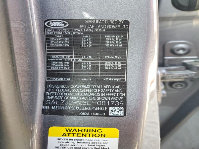 2020 Land Rover Range Rover Evoque მანქანა იყიდება აუქციონზე, vin: SALZJ2FX3LH081739, აუქციონის ნომერი: 63989166