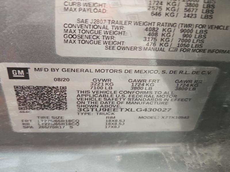 2020 Gmc Sierra მანქანა იყიდება აუქციონზე, vin: 3GTU9EETXLG430027, აუქციონის ნომერი: 63753276