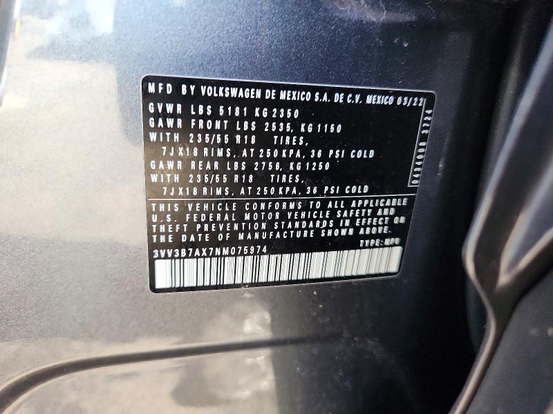 2022 Volkswagen Tiguan მანქანა იყიდება აუქციონზე, vin: 3VV3B7AX7NM075974, აუქციონის ნომერი: 65357106