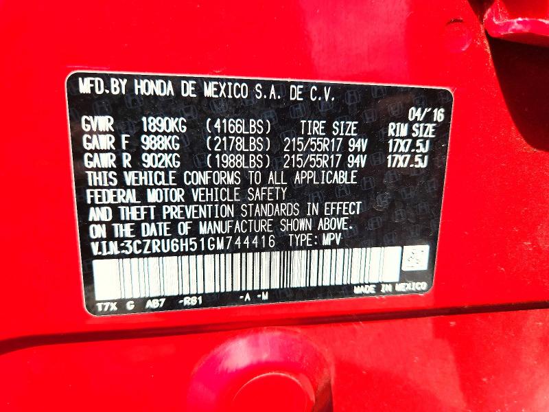Продажа на аукционе авто 2016 Honda Hr-v, vin: 3CZRU6H51GM744416, номер лота: 65949316