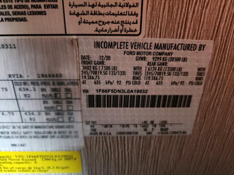 2021 Ford Motorhome Chassis მანქანა იყიდება აუქციონზე, vin: 1F66F5DN3L0A19032, აუქციონის ნომერი: 63404556