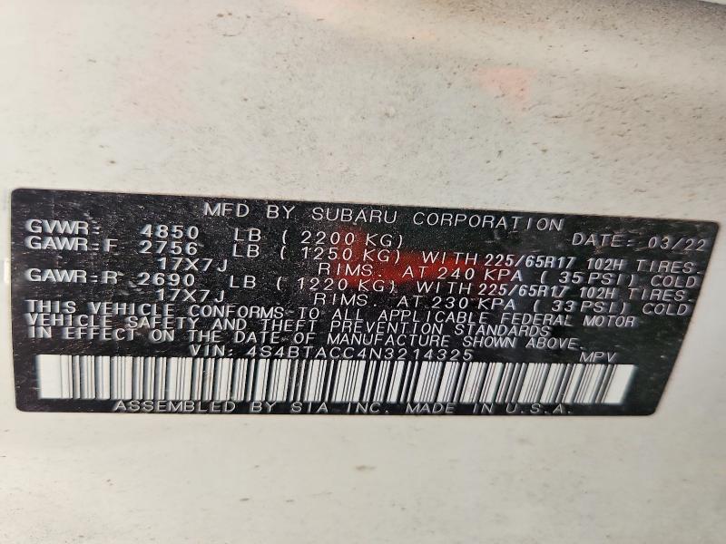 Aukcja sprzedaży 2022 Subaru Outback, vin: 4S4BTACC4N3214325, numer aukcji: 65514386