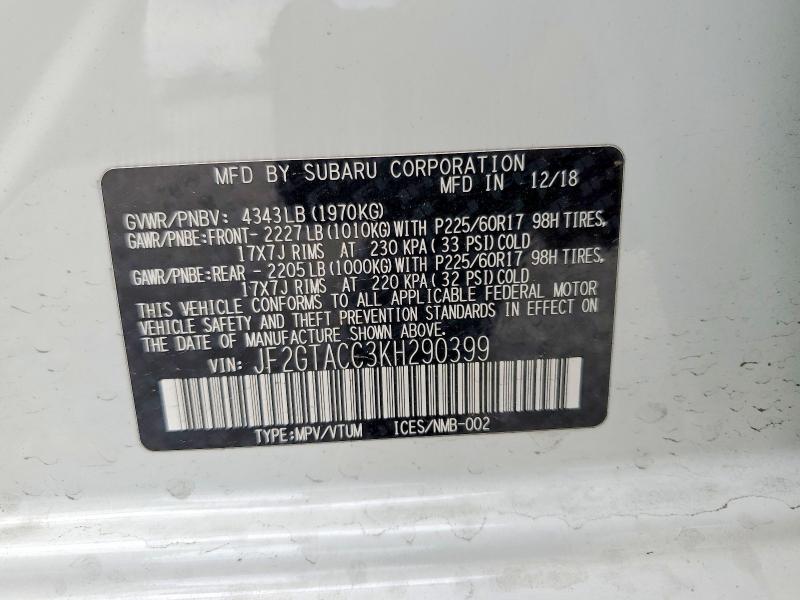 2019 Subaru Crosstrek მანქანა იყიდება აუქციონზე, vin: JF2GTACC3KH290399, აუქციონის ნომერი: 64833256