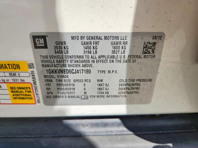 66985606 :رقم المزاد ، 1GKKVNED6CJ417189 vin ، 2012 Gmc Acadia مزاد بيع