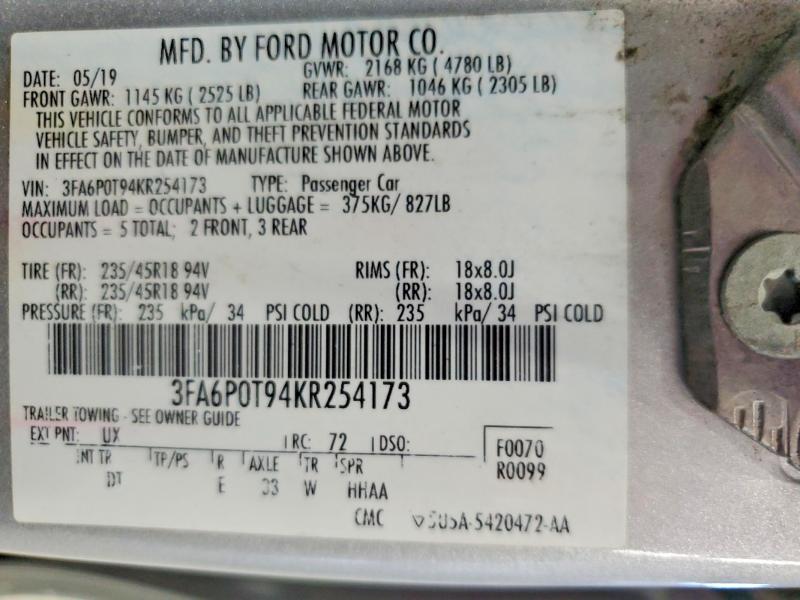 Продажа на аукционе авто 2019 Ford Fusion, vin: 3FA6P0T94KR254173, номер лота: 64775866