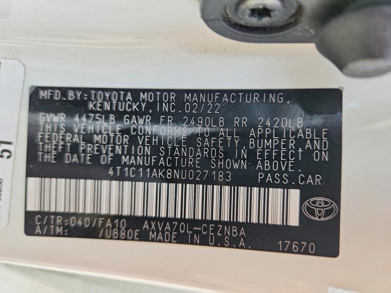 Продаж на аукціоні авто 2022 Toyota Camry, vin: 4T1C11AK8NU027183, номер лоту: 64507336
