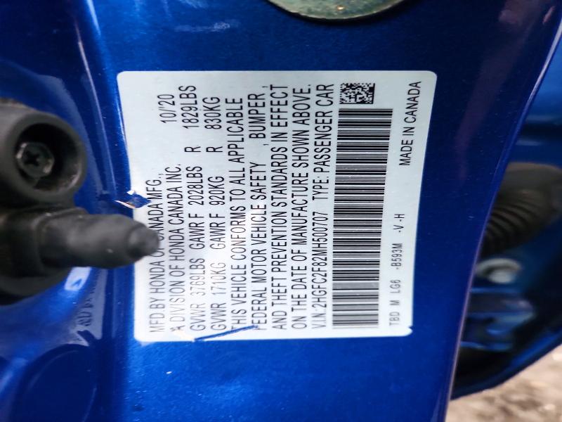 64432986 :رقم المزاد ، 2HGFC2F82MH500707 vin ، 2021 Honda Civic مزاد بيع
