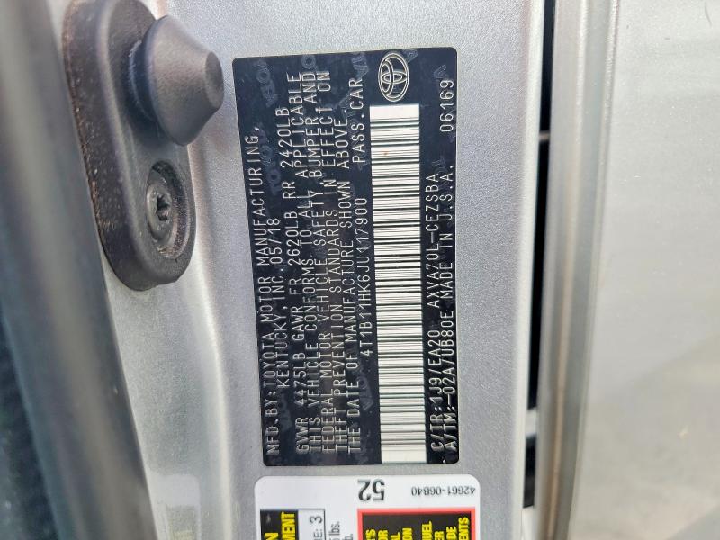 Продаж на аукціоні авто 2018 Toyota Camry, vin: 4T1B11HK6JU117900, номер лоту: 67186496