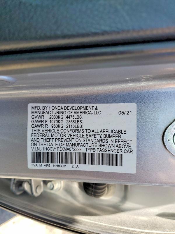 65505916 :رقم المزاد ، 1HGCV1F3XMA072329 vin ، 2021 Honda Accord مزاد بيع