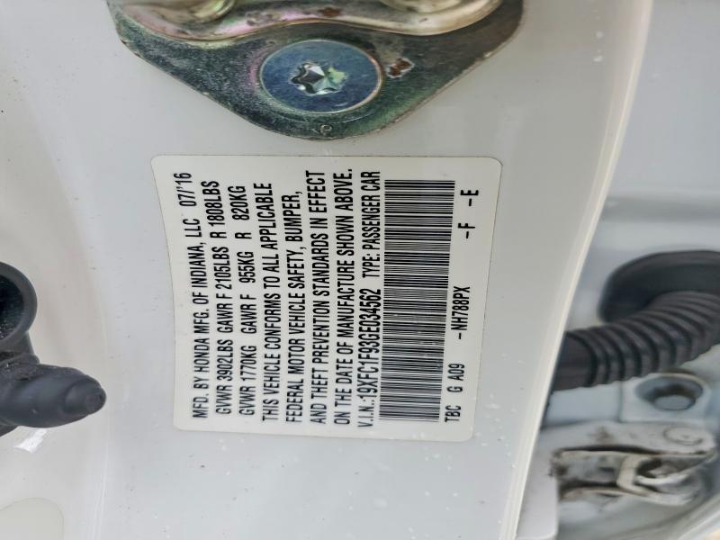 2016 Honda Civic მანქანა იყიდება აუქციონზე, vin: 19XFC1F93GE034562, აუქციონის ნომერი: 64280926