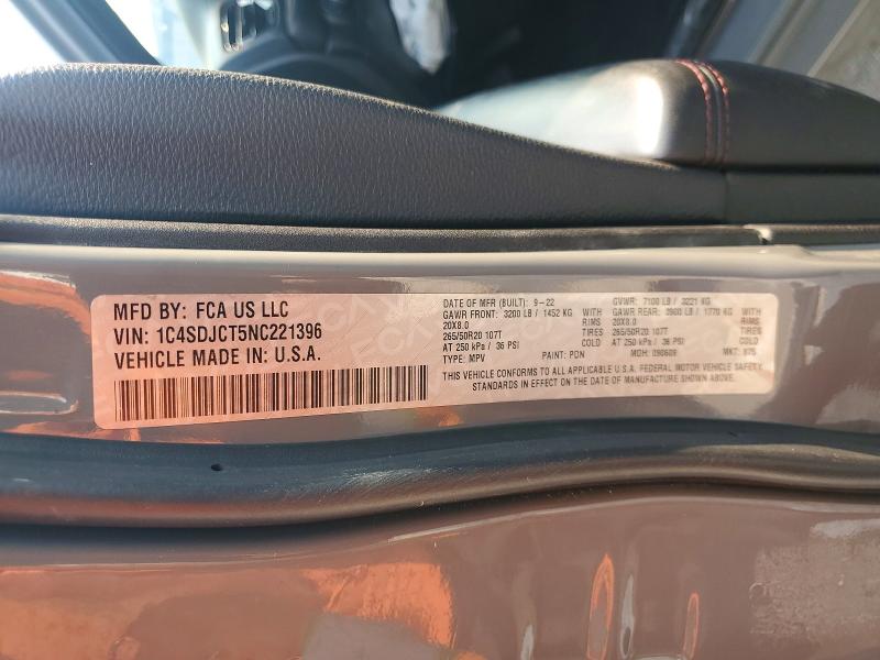 Aukcja sprzedaży 2022 Dodge Durango, vin: 1C4SDJCT5NC221396, numer aukcji: 64286186