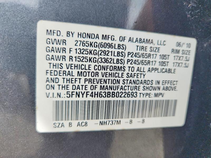 Продаж на аукціоні авто 2011 Honda Pilot, vin: 5FNYF4H63BB022693, номер лоту: 63386776