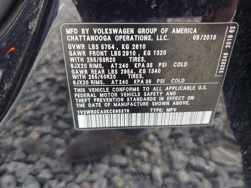 64586616 :رقم المزاد ، 1V2WR2CA3KC595376 vin ، 2019 Volkswagen Atlas مزاد بيع