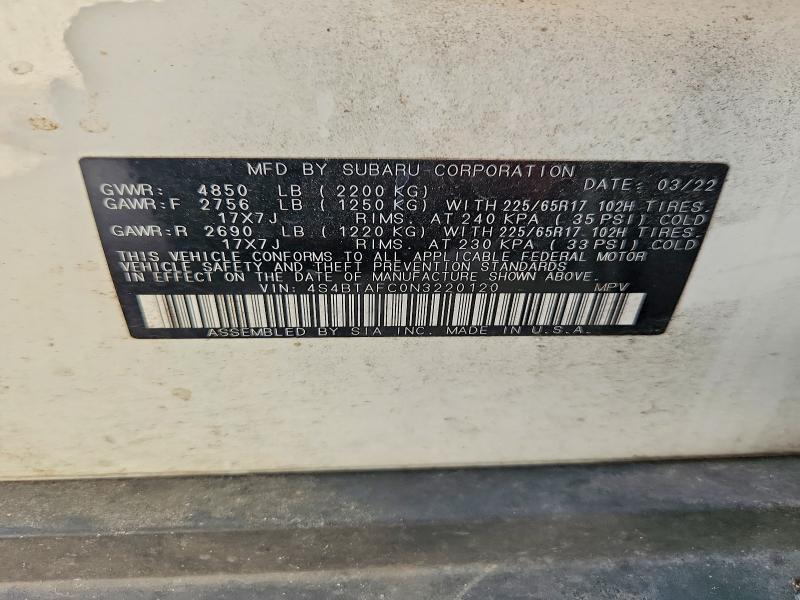 2022 Subaru Outback მანქანა იყიდება აუქციონზე, vin: 4S4BTAFC0N3220120, აუქციონის ნომერი: 65016746