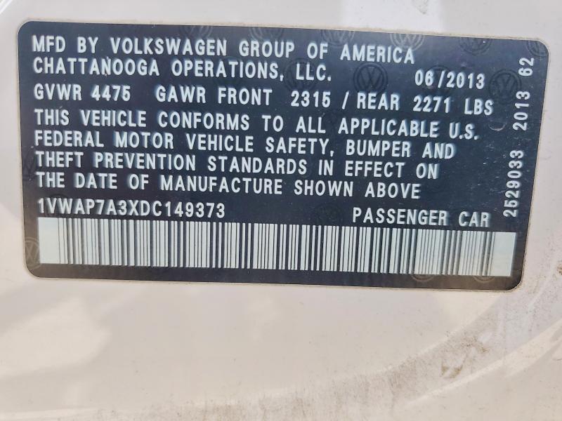 Auction sale of the 2013 Volkswagen Passat, vin: 1VWAP7A3XDC149373, lot number: 65954536