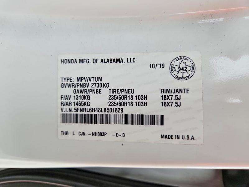 63804456 :رقم المزاد ، 5FNRL6H48LB501829 vin ، 2020 Honda Odyssey مزاد بيع