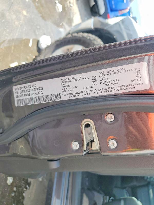 2021 Ram 1500 Classic მანქანა იყიდება აუქციონზე, vin: 3C6RR6KG1MG595329, აუქციონის ნომერი: 64030056