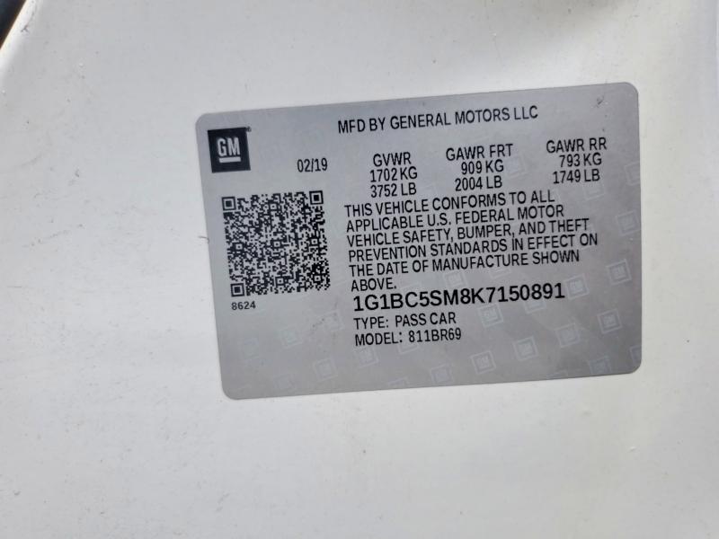 2019 Chevrolet Cruze მანქანა იყიდება აუქციონზე, vin: 1G1BC5SM8K7150891, აუქციონის ნომერი: 63699526