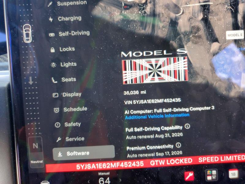 2021 Tesla Model S მანქანა იყიდება აუქციონზე, vin: 5YJSA1E62MF452435, აუქციონის ნომერი: 65568736
