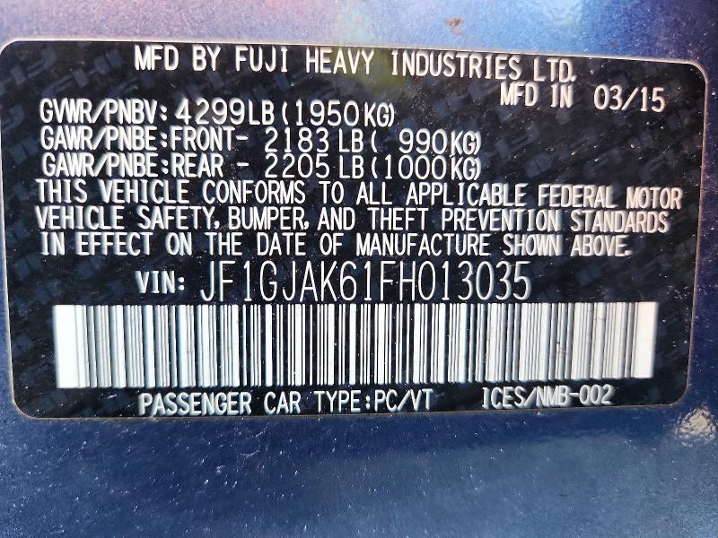Aukcja sprzedaży 2015 Subaru Impreza, vin: JF1GJAK61FH013035, numer aukcji: 66162846
