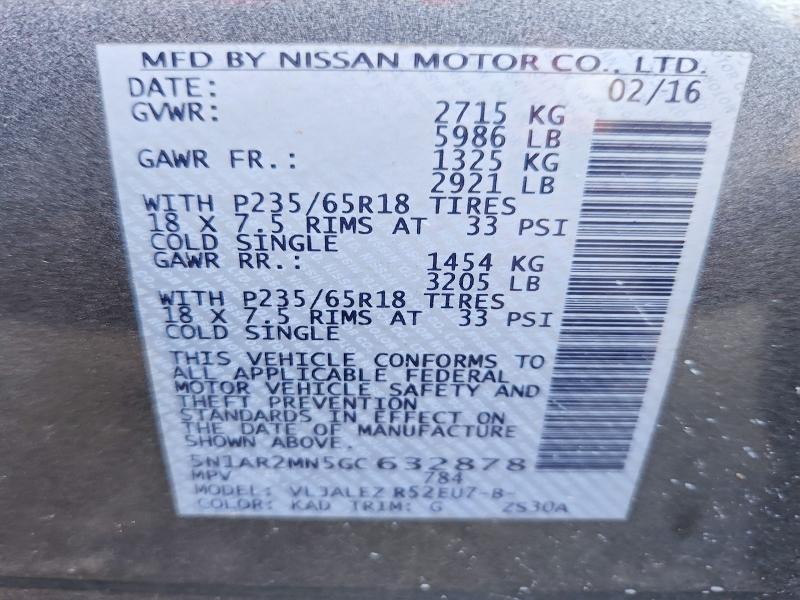 Продажа на аукционе авто 2016 Nissan Pathfinder, vin: 5N1AR2MN5GC632878, номер лота: 62881646