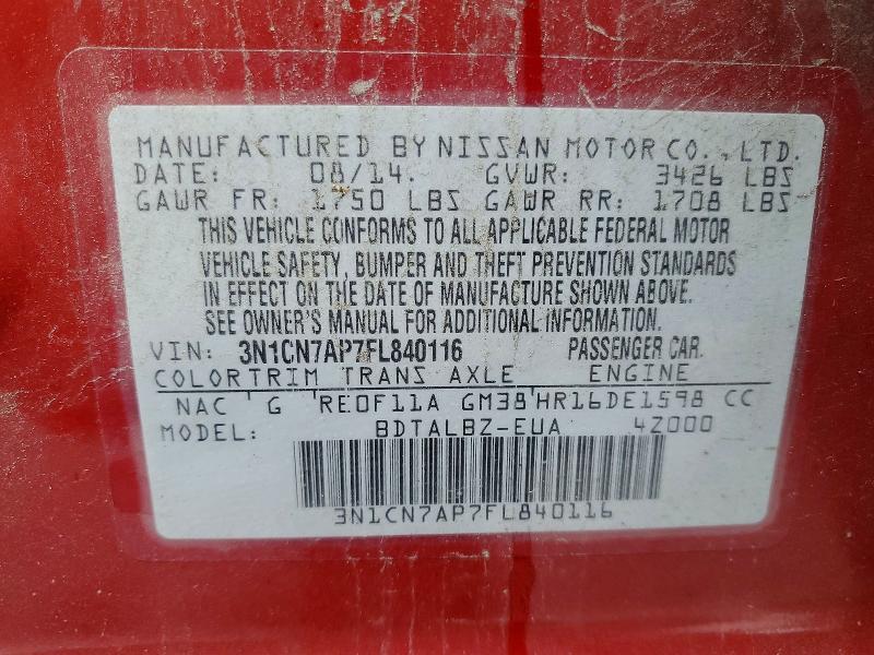 64474976 :رقم المزاد ، 3N1CN7AP7FL840116 vin ، 2015 Nissan Versa مزاد بيع