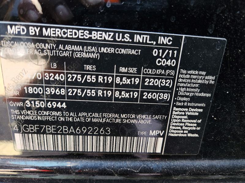 64272406 :رقم المزاد ، 4JGBF7BE2BA692263 vin ، 2011 Mercedes-benz Gl مزاد بيع