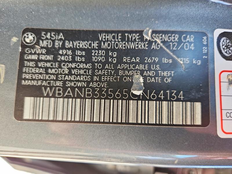 64795196 :رقم المزاد ، WBANB33565CN64134 vin ، 2005 Bmw 545 مزاد بيع