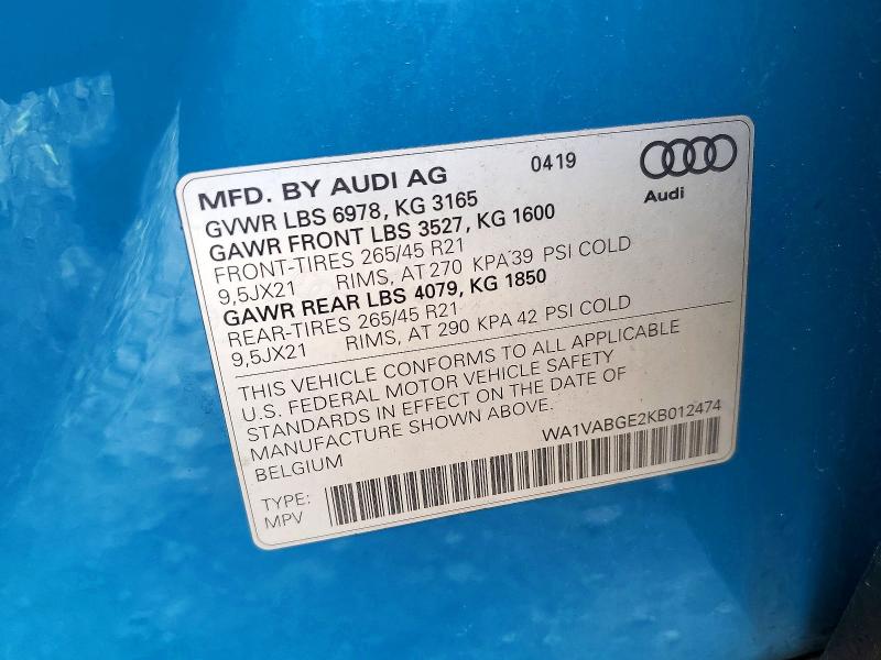 2019 Audi E-tron მანქანა იყიდება აუქციონზე, vin: WA1VABGE2KB012474, აუქციონის ნომერი: 63671626