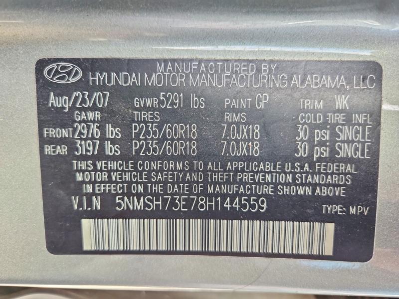 2008 Hyundai Santa Fe მანქანა იყიდება აუქციონზე, vin: 5NMSH73E78H144559, აუქციონის ნომერი: 65278736