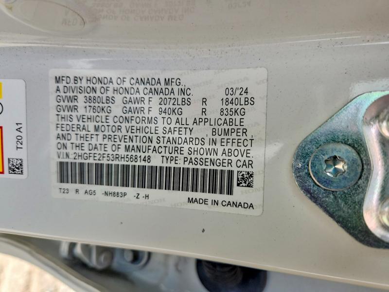 Aukcja sprzedaży 2024 Honda Civic, vin: 2HGFE2F53RH568148, numer aukcji: 65205686