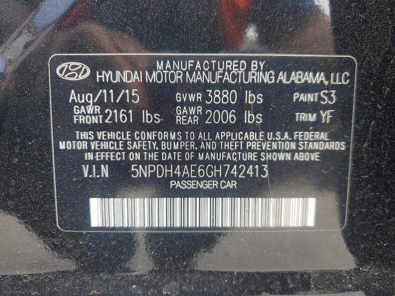 2016 Hyundai Elantra მანქანა იყიდება აუქციონზე, vin: 5NPDH4AE6GH742413, აუქციონის ნომერი: 66051676