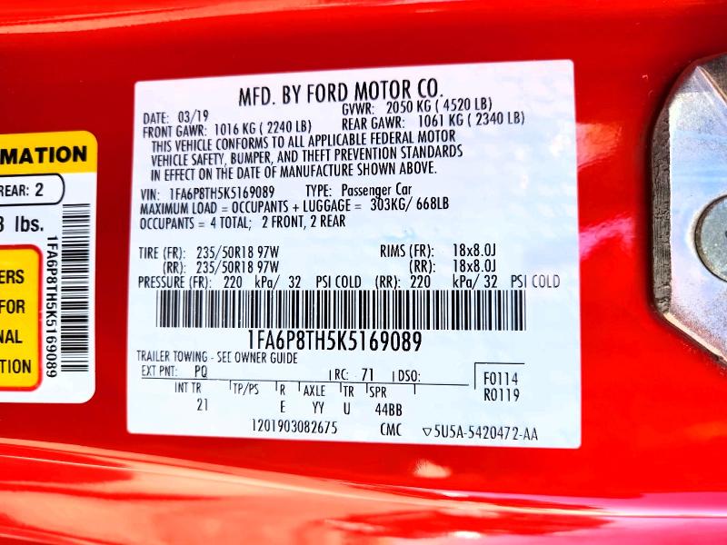 Продажа на аукционе авто 2019 Ford Mustang, vin: 1FA6P8TH5K5169089, номер лота: 65722796