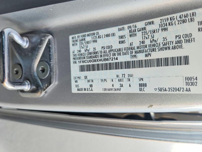 2017 Ford Escape მანქანა იყიდება აუქციონზე, vin: 1FMCU0G9XHUB67214, აუქციონის ნომერი: 66564766