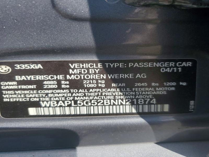 66064196 :رقم المزاد ، WBAPL5G52BNN21874 vin ، 2011 Bmw 335 مزاد بيع