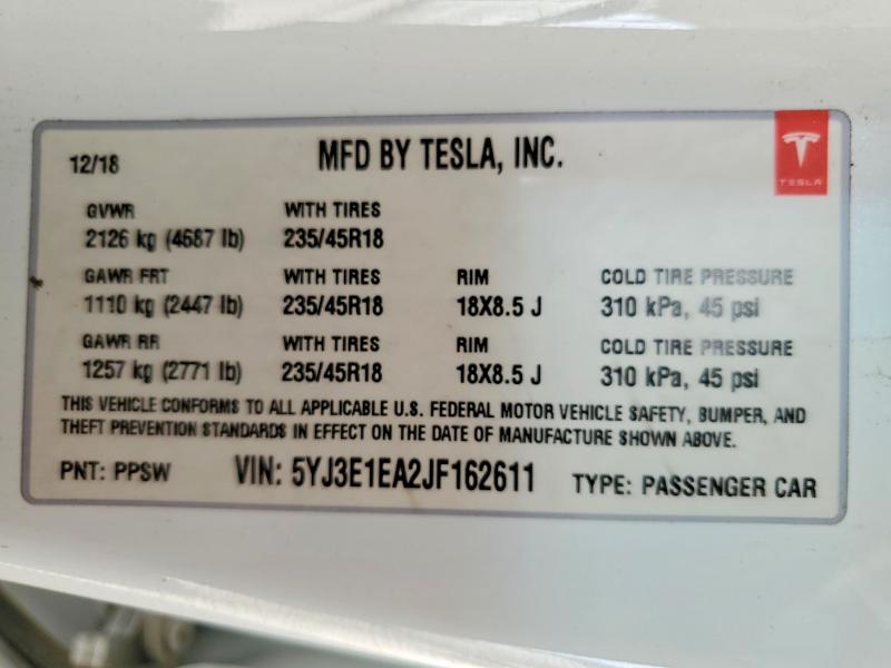 Aukcja sprzedaży 2018 Tesla Model 3, vin: 5YJ3E1EA2JF162611, numer aukcji: 66425366