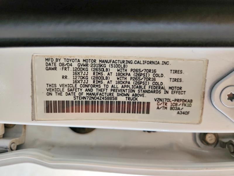 Aukcja sprzedaży 2004 Toyota Tacoma, vin: 5TEHN72N04Z458858, numer aukcji: 66076636