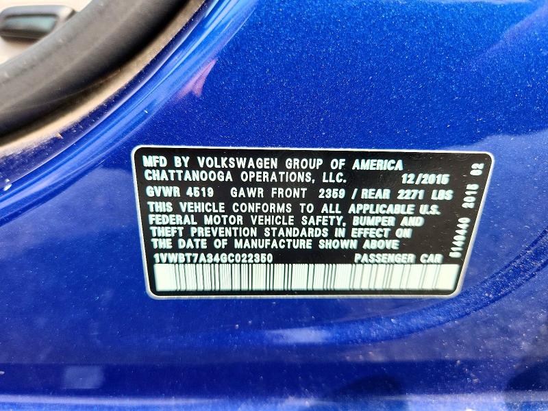 63661666 :رقم المزاد ، 1VWBT7A34GC022350 vin ، 2016 Volkswagen Passat مزاد بيع