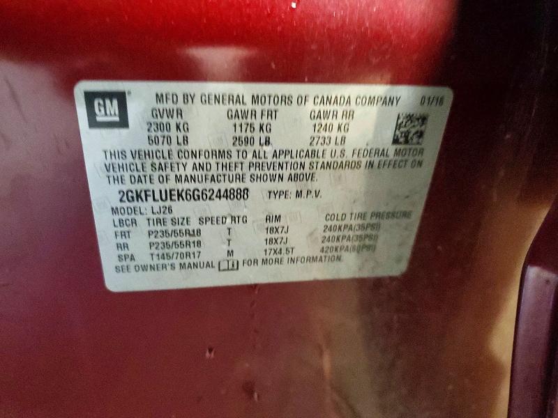 Aukcja sprzedaży 2016 Gmc Terrain, vin: 2GKFLUEK6G6244888, numer aukcji: 64545536