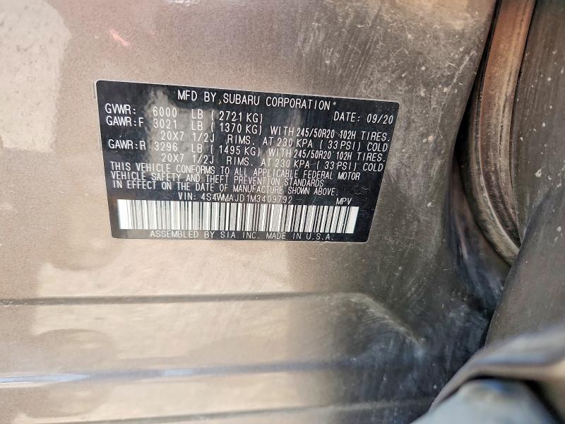 64739646 :رقم المزاد ، 4S4WMAJD1M3409792 vin ، 2021 Subaru Ascent مزاد بيع